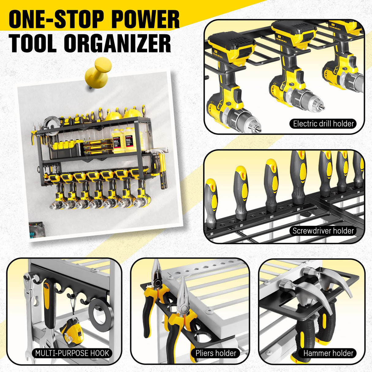 Hipidian Power Tool Organizer Wall Mount- 300lb Capacity 3-Tier Storage Rack with 7 Drill Holders for Garage Tools, Best Birthday Tools Gifts for Men Dad Husband
