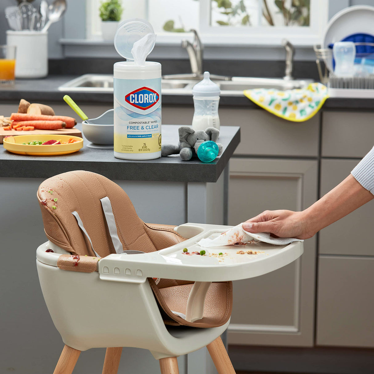 Clorox Free & Clear Compostable Cleaning Wipes, Light Lemon Scent, 75 Count, Pack of 3 (Pack May Vary)