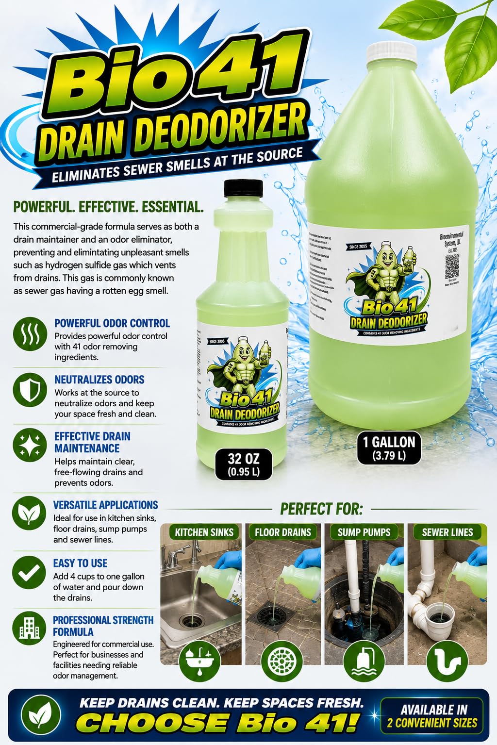 Drain Deodorizer- Odor Eliminator - Commercial Drain Deodorizer - Neutralizer Sewer Gas Smell Remover - One Gallon