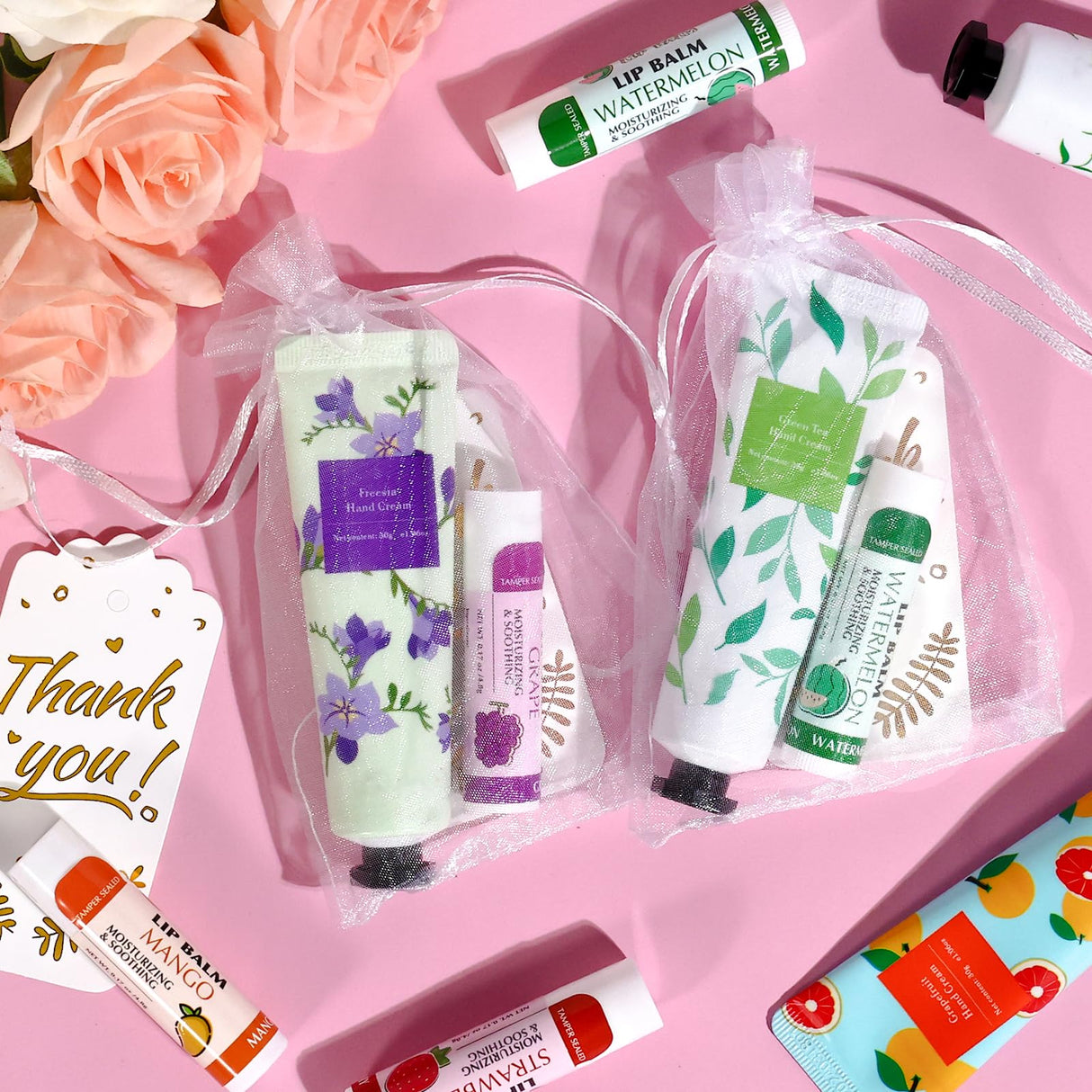 AZEN 100 Sets Hand Cream and Lip Balm Set with Organza Bag Thank You Card, Baby Shower Wedding Gifts for Guests, Bridal Souvenirs for Colleagues Employee Coworkers, Party Favor for Female Friends