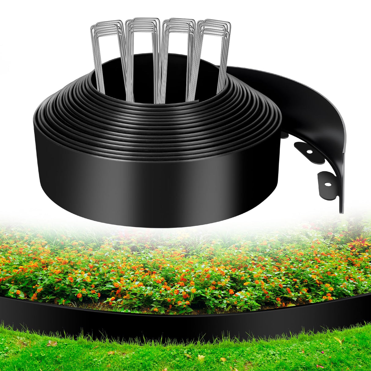 Kafuzi 4IN x 33FT Landscape Edging, Garden Edging Borders with 40pcs Metal Stakes, Flexible Plastic Garden Border for Lawn, Landscaping, Flower Beds, Trees and Yard