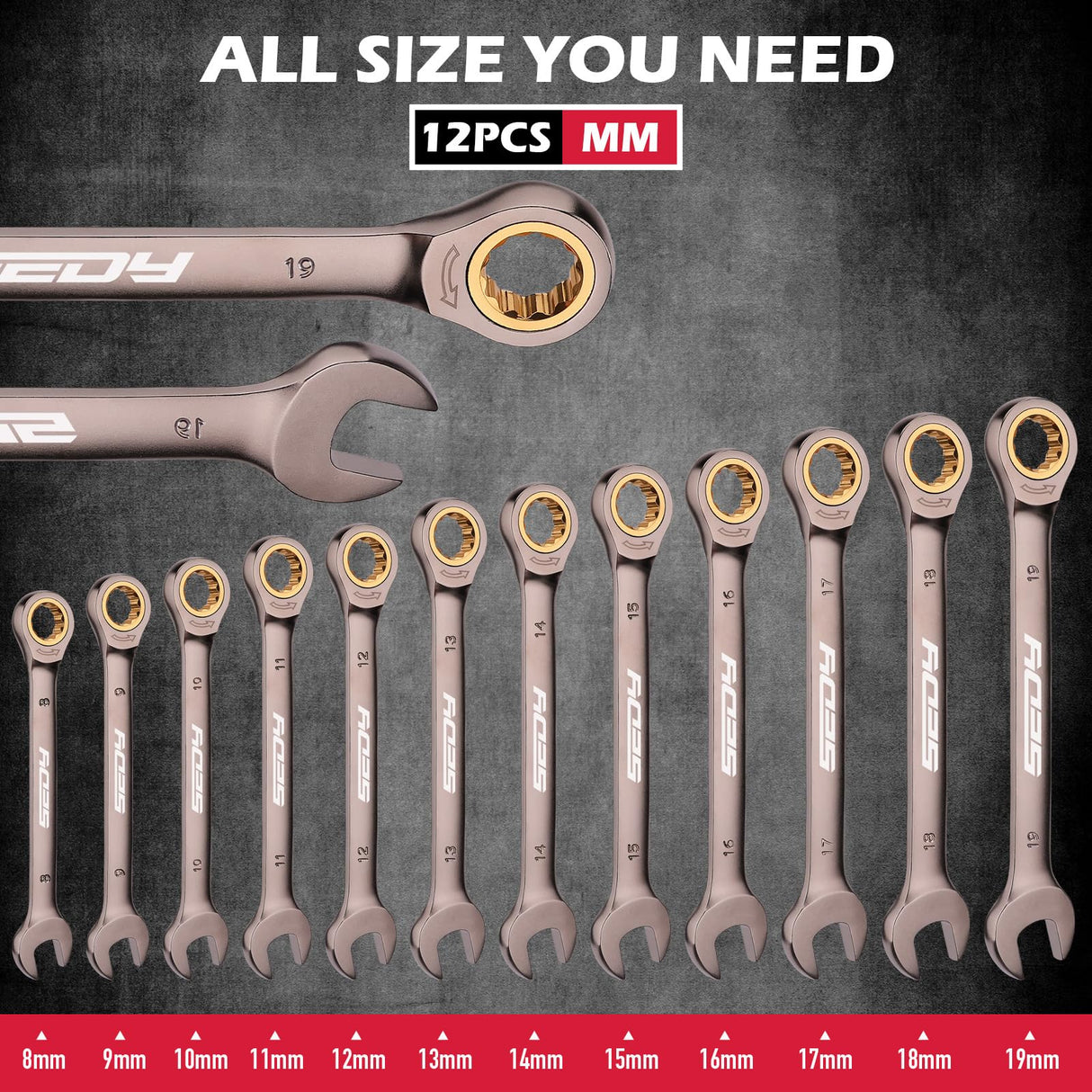 Premium 12-Piece Metric Ratchet Wrenches Set with Magnetic Organizer 8mm-19 mm, 72-Tooth Ratcheting Wrench Set, Cr-V Steel Ratchet Combination Wrench Set for Automotive, Machine Repair