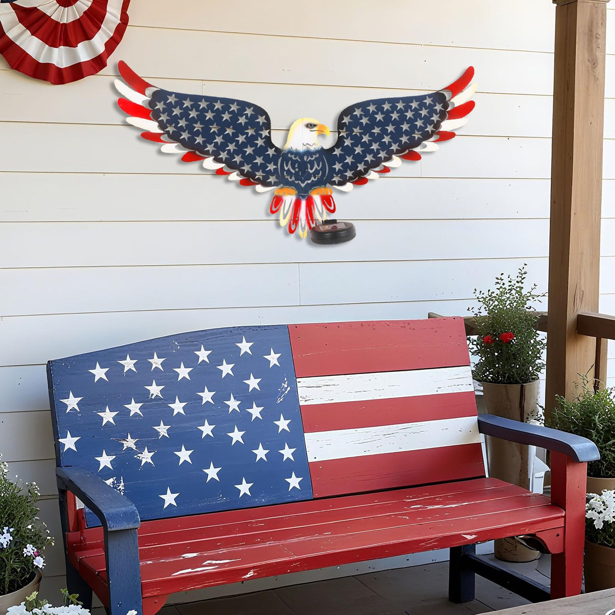 2 Pack 23" American Eagle Metal Wall Art with Solar Lights Outdoor 4th of July Decorations Outdoor | Led Patriotic Sculpture with American Flag | Solar Powered Independence Day Decor for Yard & Porch