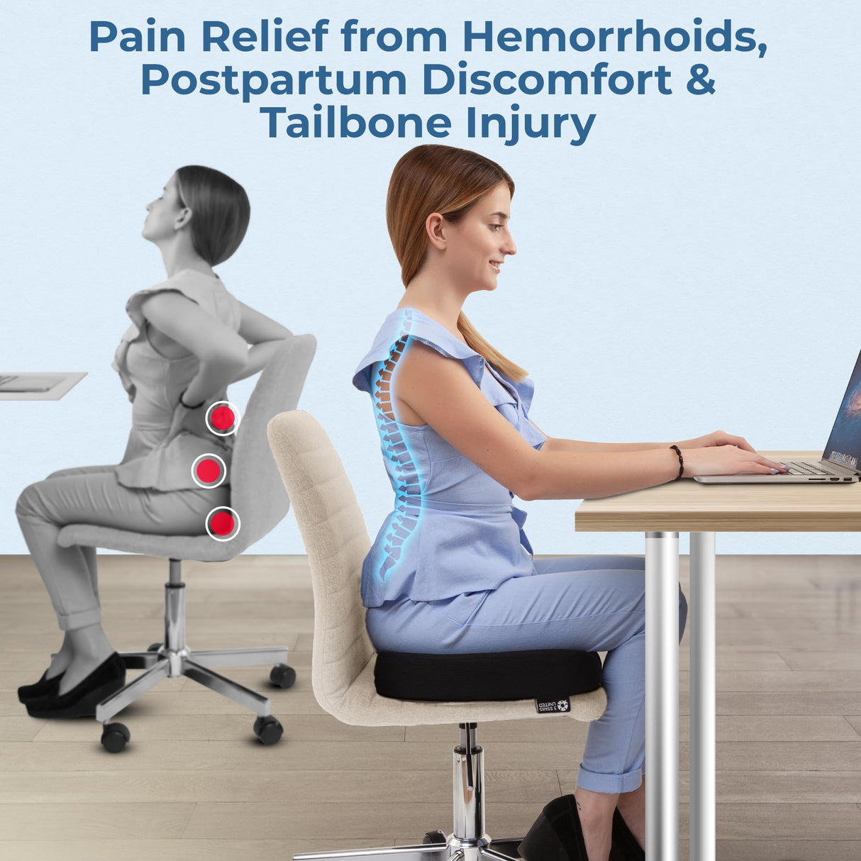 5 STARS UNITED Donut Pillow Hemorrhoid Tailbone Cushion – Large Chair Pad for Pain Relief – Coccyx, Prostate, Sciatica, Pelvic Floor, Pressure Sores, Pregnancy, Postpartum Recovery, Arctic Black