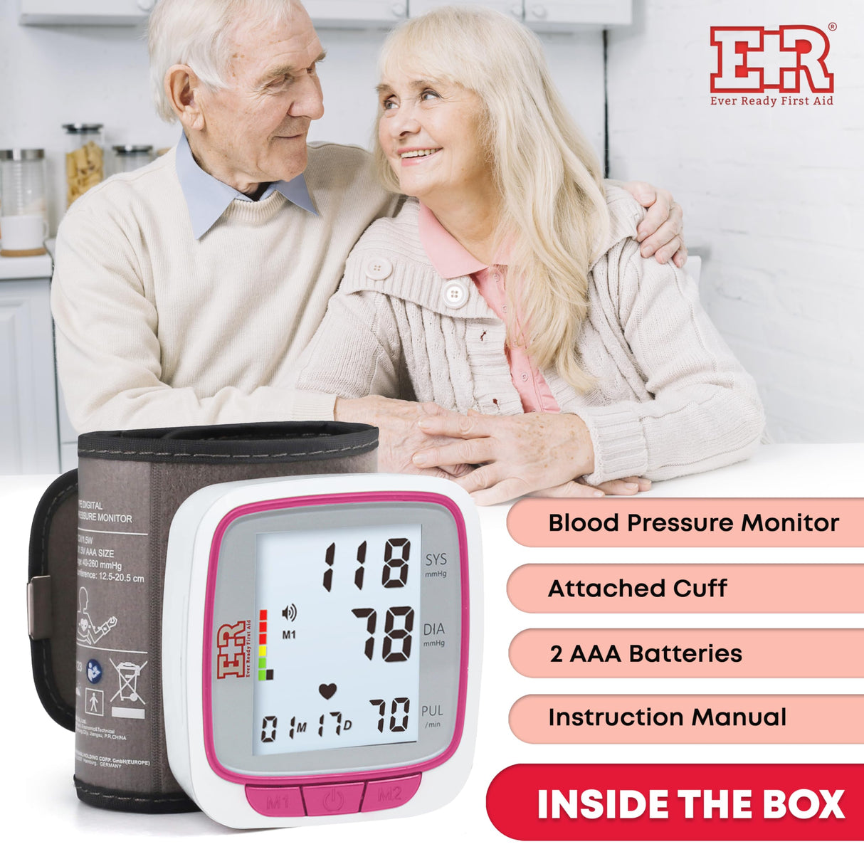 Ever Ready First Aid Fully Automatic Blood Pressure Wrist Cuff Watch Wearable Monitor for Home Use - Pink- Batteries Included