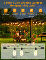 Larkvue 75FT(3x25FT) Outdoor String Lights, Patio Lights with 30+3 LED Dimmable Waterproof Connectable ST38 Bulbs for Outside Porch Balcony, Black