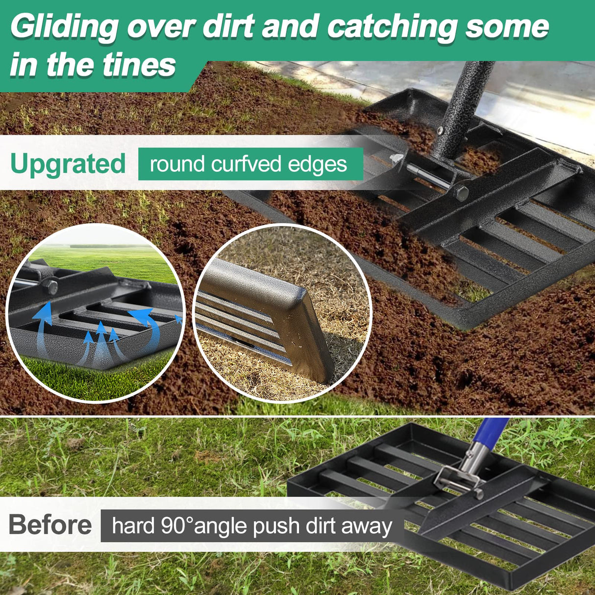 Lawn Leveling Rake, 17x10 Heavy Duty Lawn Leveler with Adjustable Handle Dirt Ground Level Tool for Yard Garden (60 Inch)