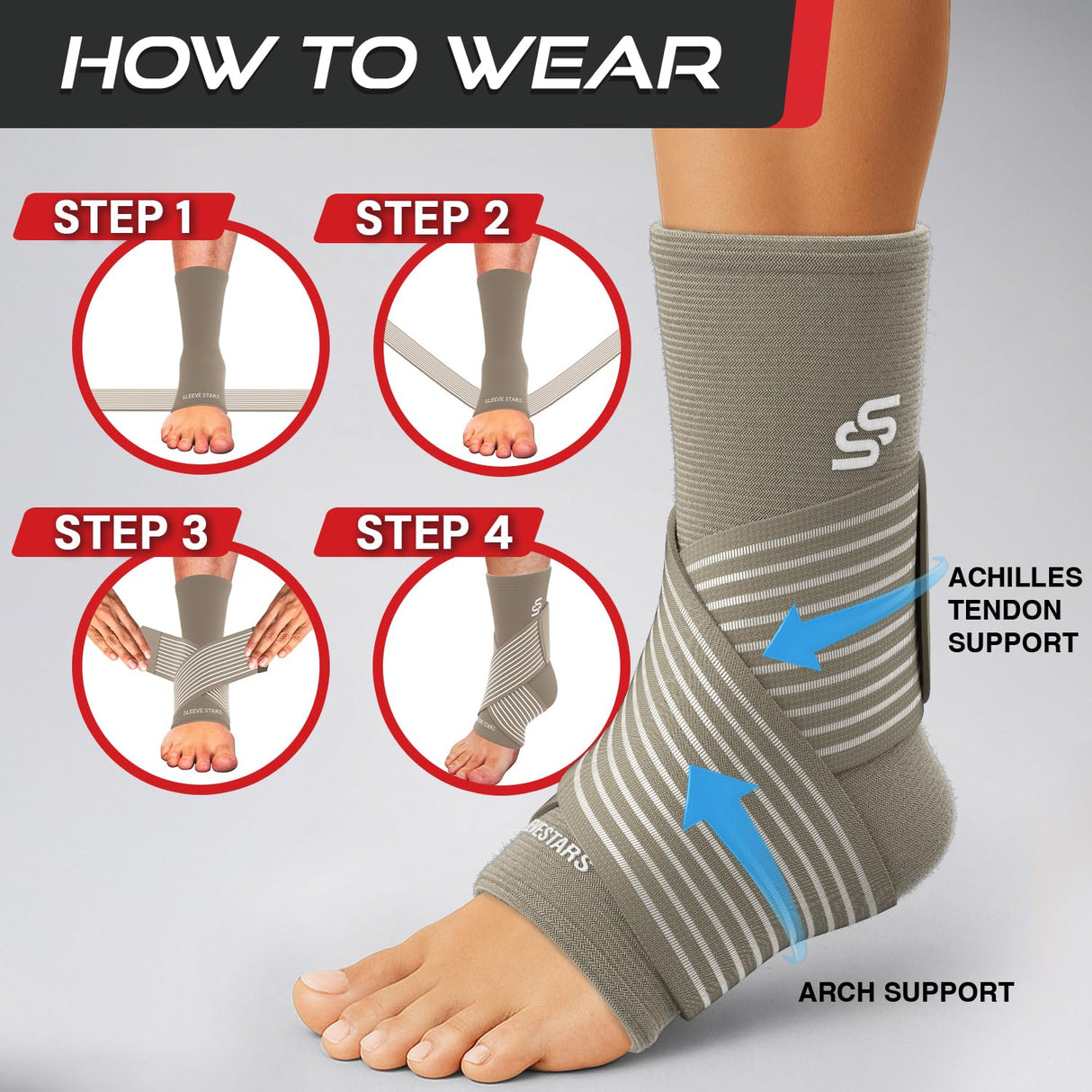 Sleeve Stars Ankle Brace for Women & Men, Ankle Wrap for Sprain, Compression Sleeve for Plantar Fasciitis Relief, Easy Customizable Support: w/ Removable Strap (Pair/M:10"-12"/Beige)
