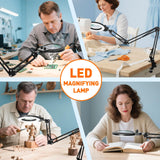 KIRKAS 12X Magnifying Glass with Light and Stand, Extra-Long Arm Magnifying Lamp Overhead Knob for Workbench Craft, Sewing, LED Lighted Magnifier Real Glass Lens Stepless Dimming and Color(35in Clamp)