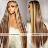 Btomar 30 Inch Ombre Highlight 13x6 Lace Front Wigs Human Hair HD Transparent Straight Lace Front Wigs Human Hair Pre Plucked 180% Density Glueless #4/27 Colored Honey Blonde Wig for Women