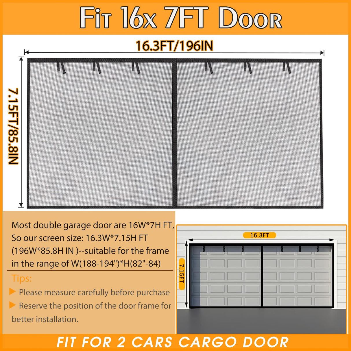 Elytsemoh Garage Screen Doors for 2-Car Garage -16x7FT, Fiberglass 2300g/5.1 Lb Heavy Duty Magnetic Door Screen, Hands-Free with 6 Roll Up Straps for Patio, Outdoor, Gym, Sun House Porch, Black