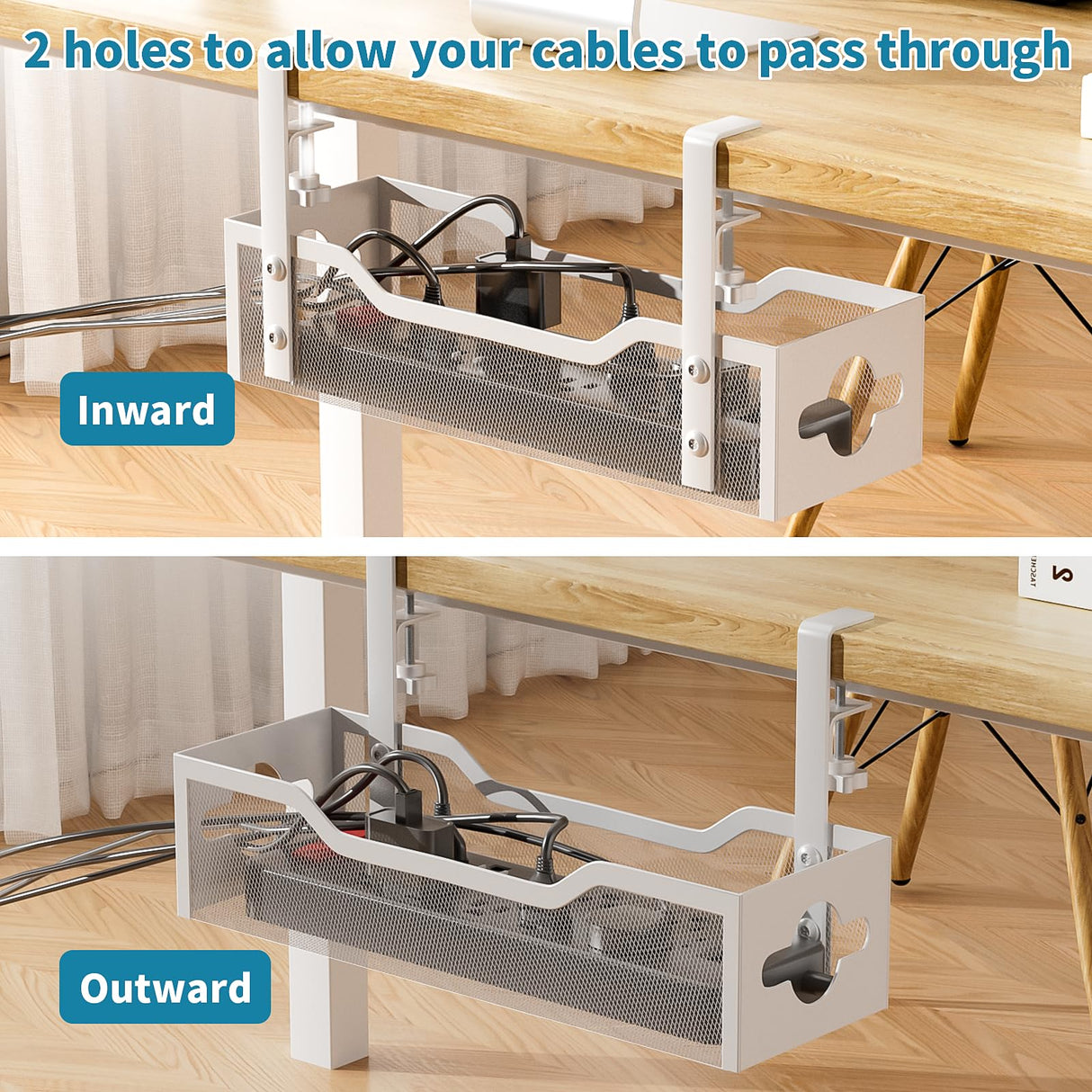 Under Desk Cable Management Tray, Litwaro No Drill, Metal Tray with Clamp for Wire Management, Cord Organizer Home Office Damage to Standing Desk, White, 13.38''