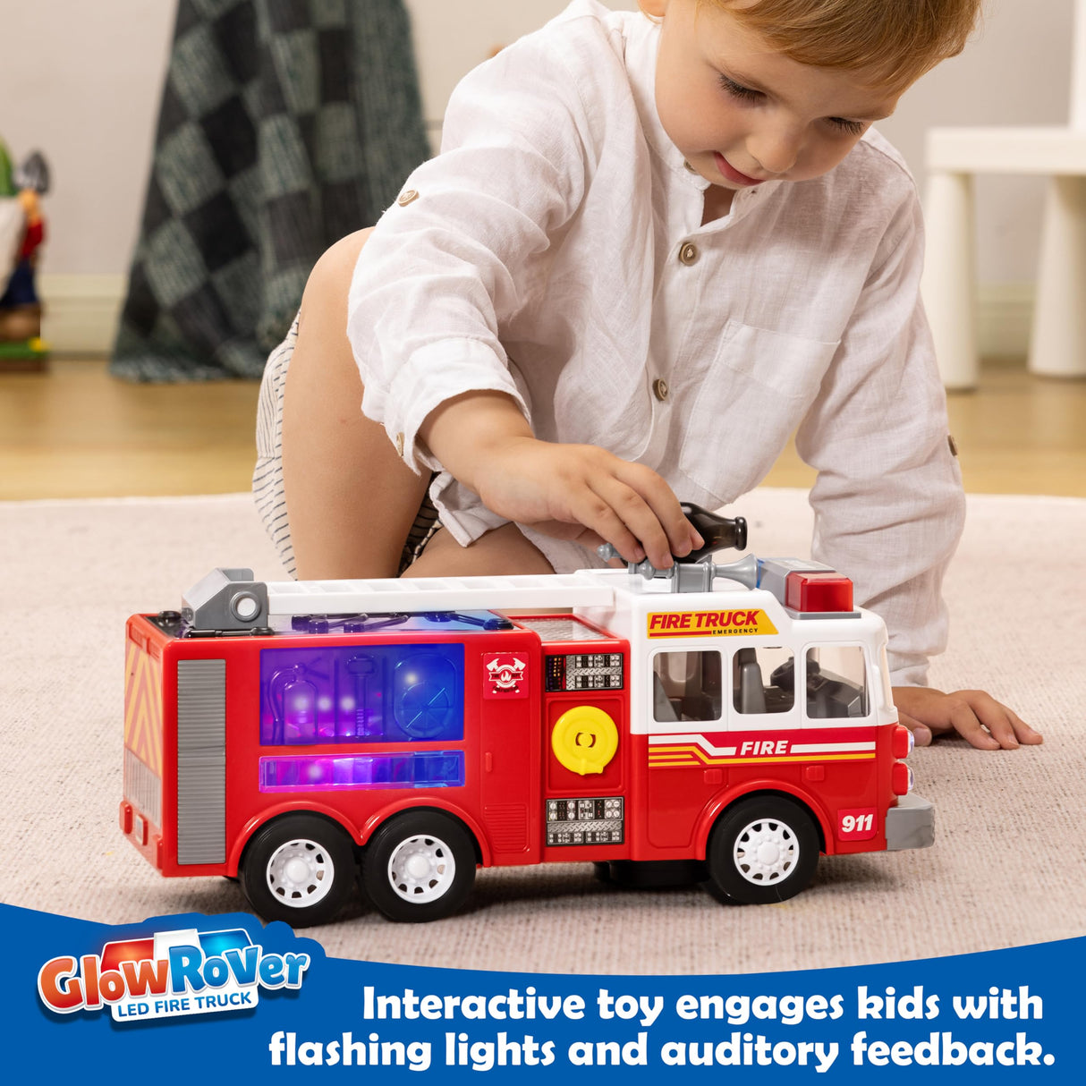 JOYIN LED Fire Truck Toy for Toddlers - LED Projections & Sirens, Bump and Go Fire Engine Trucks with Mode Switch & Volume Control, Kids Firetruck, Boy Toys, Christmas Birthday Gifts for Grandkids