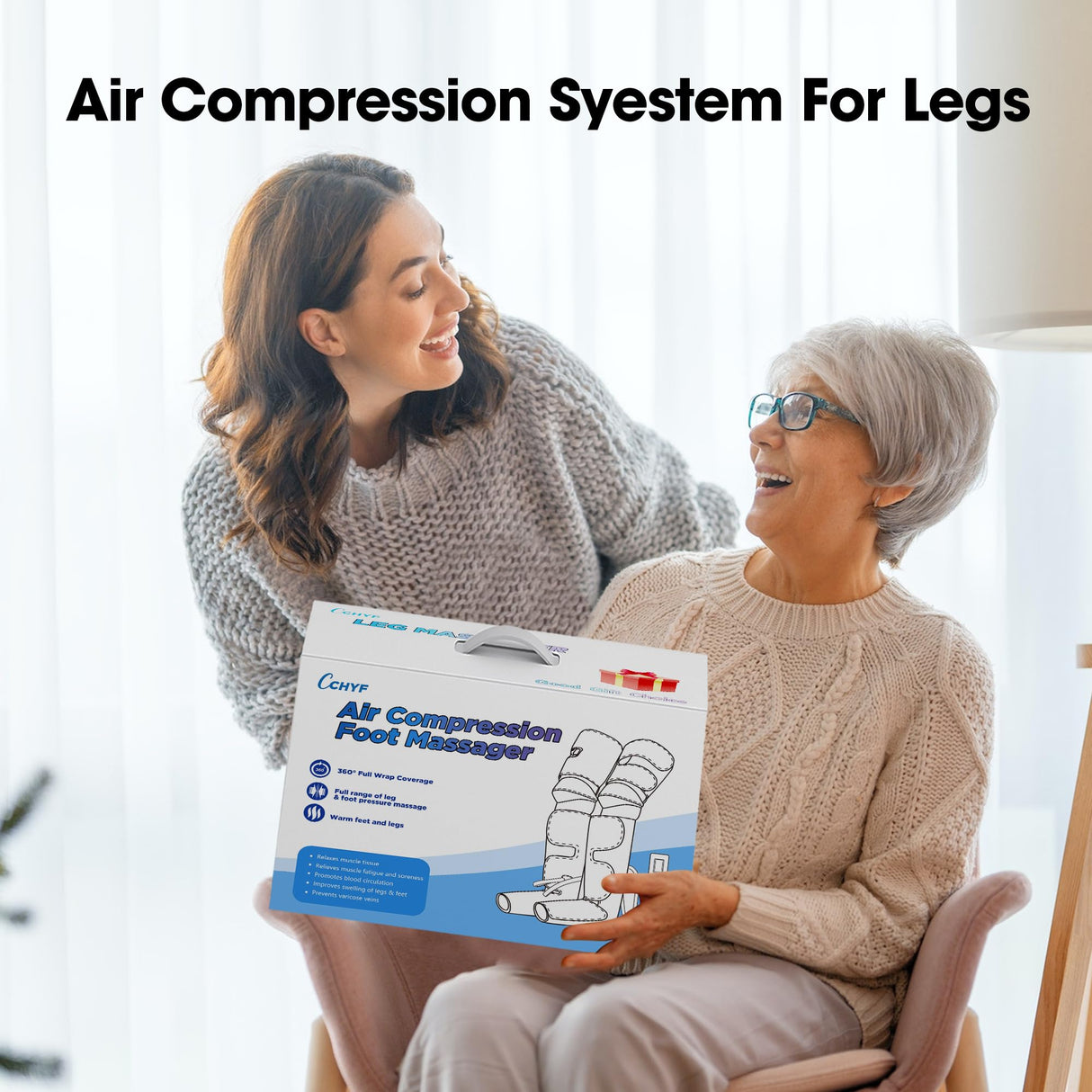 CCHYF 3-in-1 Leg Compression Massager With Heat for Circulation - 3 Modes, 3 Intensities, 2 Extenders, Adjustable Wraps - Great Gifts for Mom & Dad