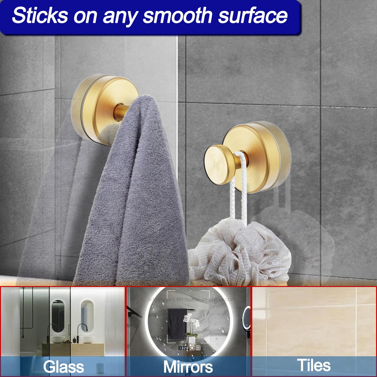 Bntuk Suction Cup Hooks for Shower, Towel Hooks for Bathroom Window Glass, Bath Robe Looafh Hook for Hanging - 2 Pack, Gold
