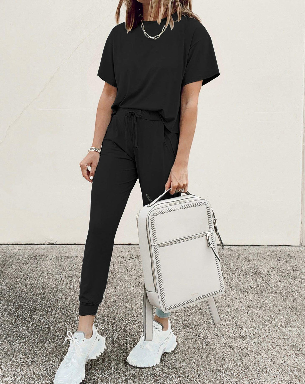 PRETTYGARDEN Women's Two Piece Lounge Sets 2025 Spring Summer Jogger Pants Vacation Outfits Travel Airplane Matching Clothes (A-black,Large)