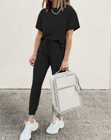 PRETTYGARDEN Women's Two Piece Lounge Sets 2025 Spring Summer Jogger Pants Vacation Outfits Travel Airplane Matching Clothes (A-black,Large)