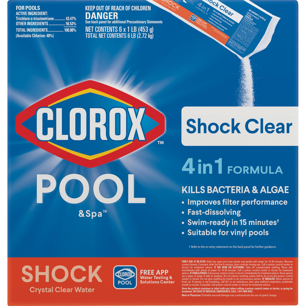 Clorox® Pool&Spa™ Shock Clear, for Crystal Clear Swimming Pool Water, Swim-ready in 15 minutes, Suitable for vinyl pools (6-Pack)