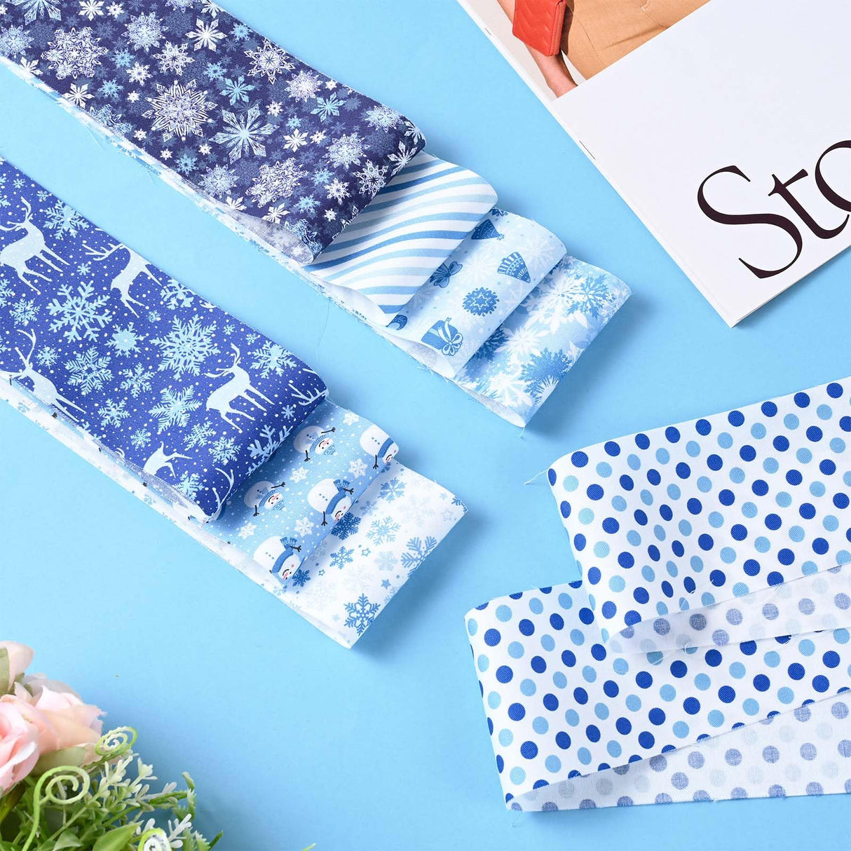 40 Pcs Winter Christmas Snowflakes Cotton Jelly Fabric Strips Blue and White Snowflake Reindeer Patchwork Strips for Quilting Crafting Snowman Precut Patchwork for Sewing DIY Crafts