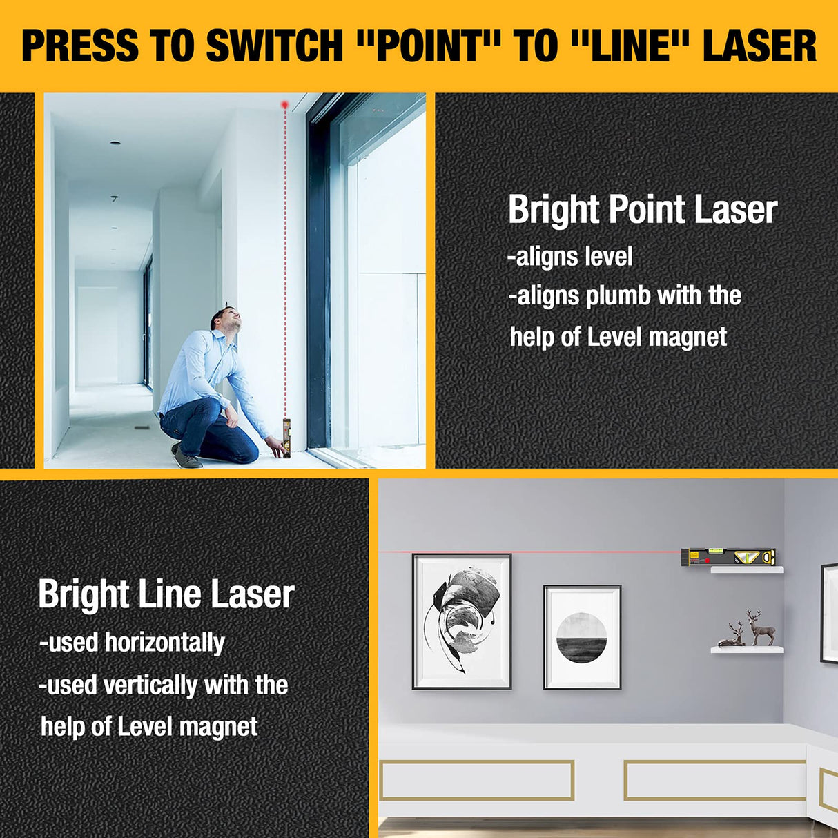 PREXISO 2-in-1 Laser Level 12 in Spirit Level with Light, 100Ft Alignment Point & 30Ft Leveling Line, Magnetic Laser Leveler Tool for Construction Picture Hanging Wall Writing Painting Home Renovation