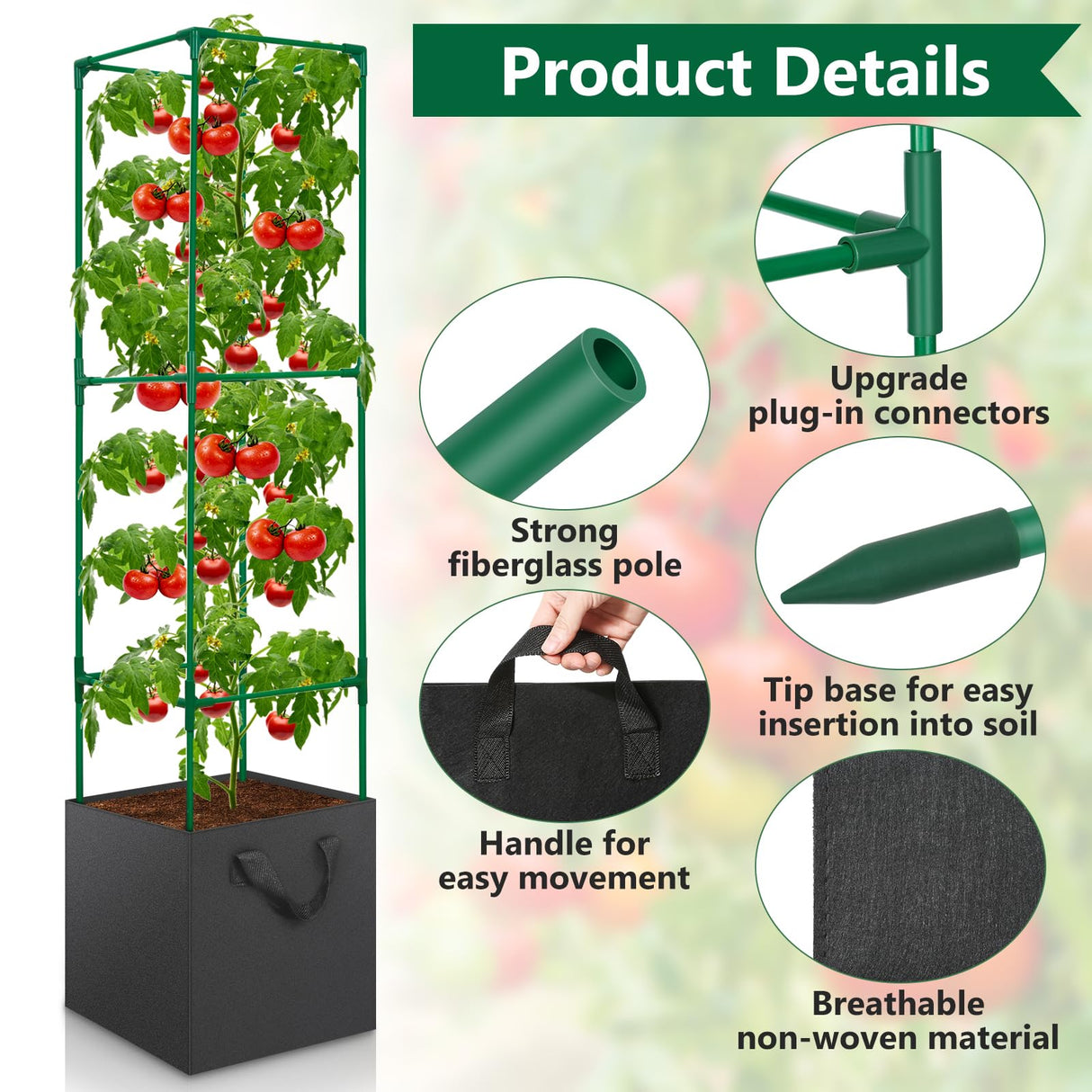 2 Pack Tomato Cages for Garden, 49 Inch Tall Tomato Cage with 7 Gallon Planter Bags, Plant Support Trellis Frames for Garden Cucumber Vegetables Plants Climbing Outdoor Indoor
