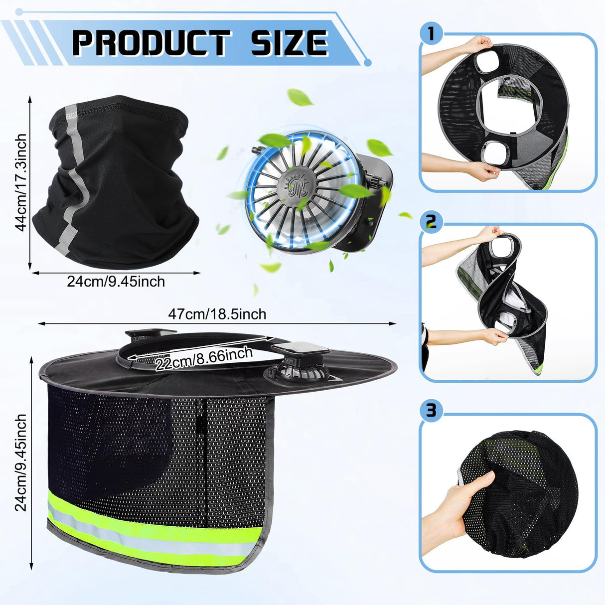 Croknit 2 Pcs Sun Hard Hat Neck Shield Shade Full Brim Hard Hat with Solar Fan Hardhat Sun Shield Visor with High Visibility for Construction Helmet Hardhat Accessories, Reflective(Black)