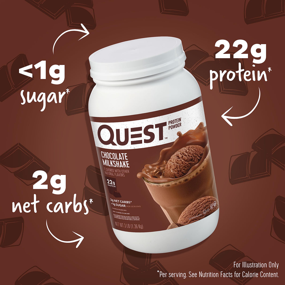 Quest Nutrition Chocolate Milkshake Protein Powder, 22g Protein, 1g Sugar, Low Carb, Gluten Free, 3 Pound, 43 Servings