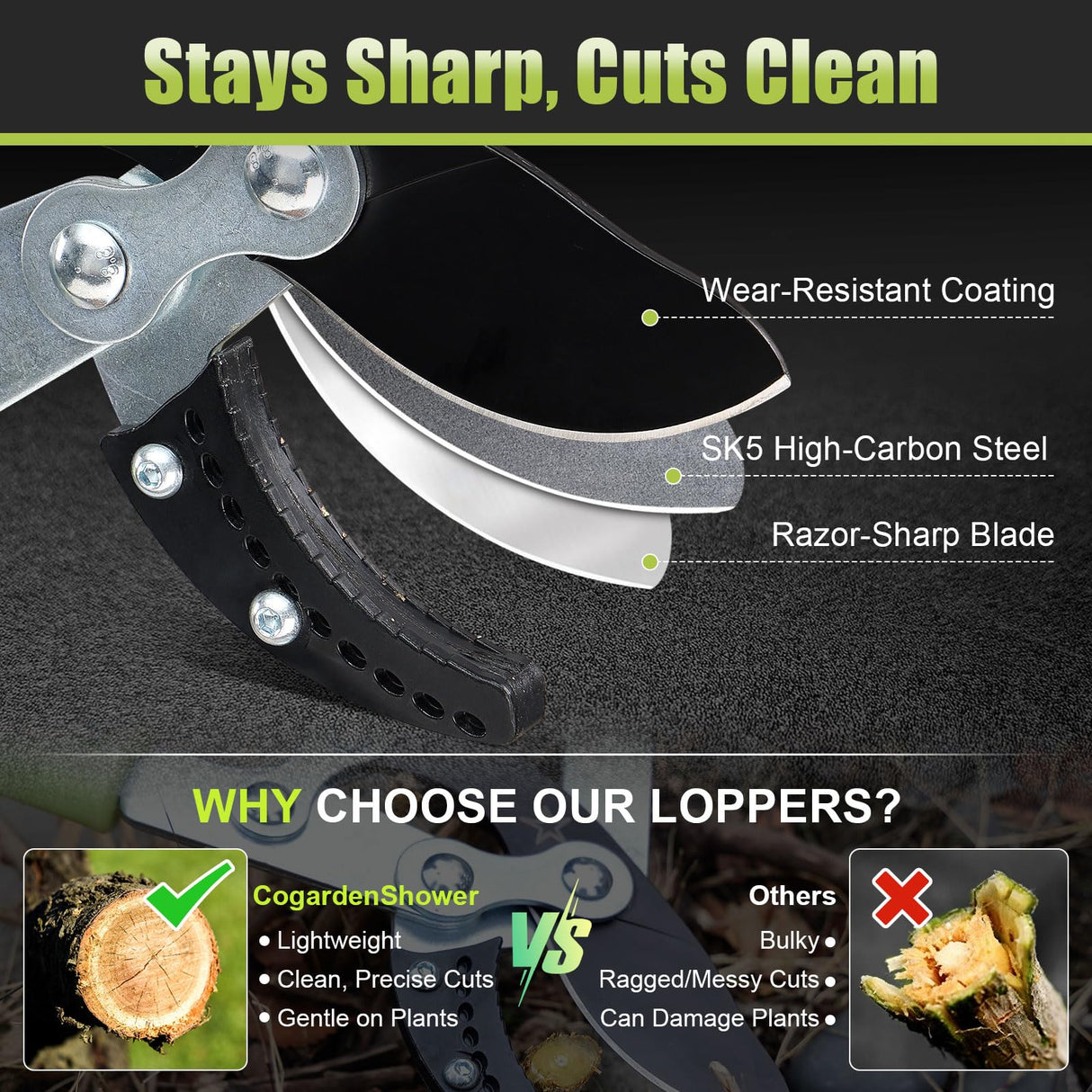 Heavy Duty Hand Loppers Pruning Shears for Gardening,25"-44" Extendable Branch Cutter for Tree Limb Trimming, Lightweight Anvil Lopping Shears for up to 2” Thick Branches Cutters (Green)