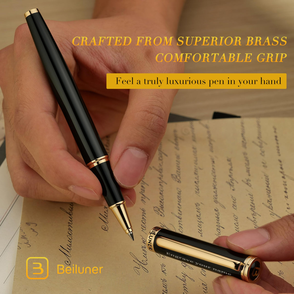 BEILUNER Black Personalized Pen,Stunning Luxury Lacquer With 24K Gold,Schneider Ink Refills,Multiple Fonts To Custom Rollerball,Gift Pen For Men & Women,Executive,Graduation,Christmas,Nice Pens