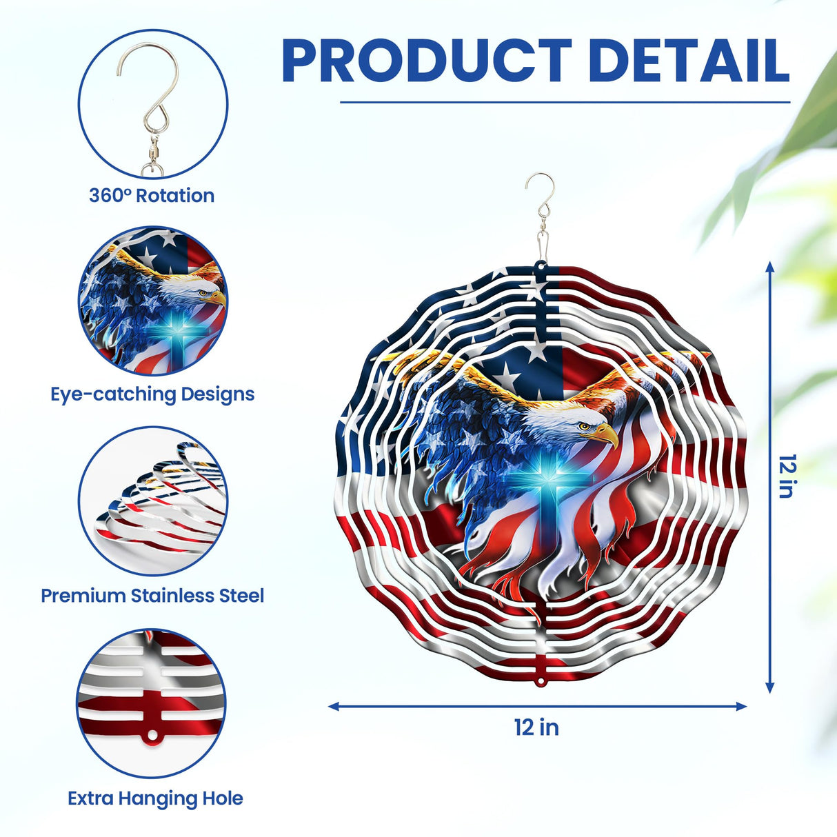 FLAGWIX American Eagle Decorations - 3D Stainless Steel Metal Wind Spinners 12 in - 4th of July Decorations for Window Yard Garden Patio, Patriotic Outdoor Decor, Eagles Gifts for Men Women Friends