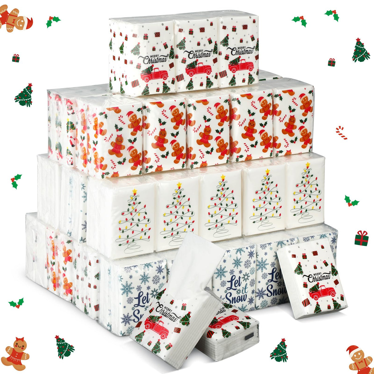 Ctosree 50 Pack Christmas Pocket Tissues Merry Xmas Travel Packs Bulk 500 Sheet Snow Flake Small Individual Tissues Pocket Packs 3 Ply Mini Travel Size for School Camping