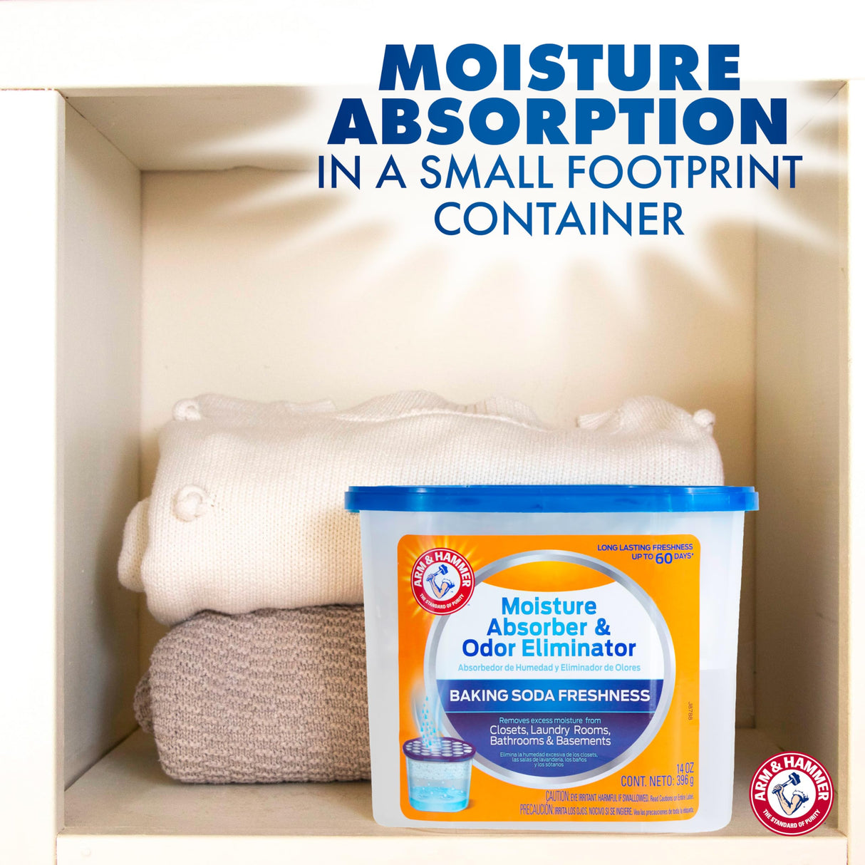 Arm & Hammer Fragrance Free Moisture Absorber and Odor Eliminator, 14 oz. Tub, 3 Ct, Attract and Trap Excess Moisture, Eliminate Musty Odors