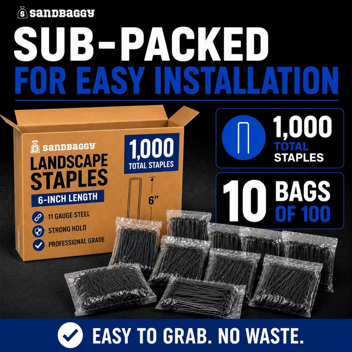Sandbaggy 6 Inch Landscape Staples, 1,000 Pack 11 Gauge Heavy Duty Steel Garden Staples, Square Top U Pins for Weed Barrier Fabric, Sod, Turf, Netting and Drip Irrigation Tubing