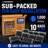 Sandbaggy 6 Inch Landscape Staples, 1,000 Pack 11 Gauge Heavy Duty Steel Garden Staples, Square Top U Pins for Weed Barrier Fabric, Sod, Turf, Netting and Drip Irrigation Tubing