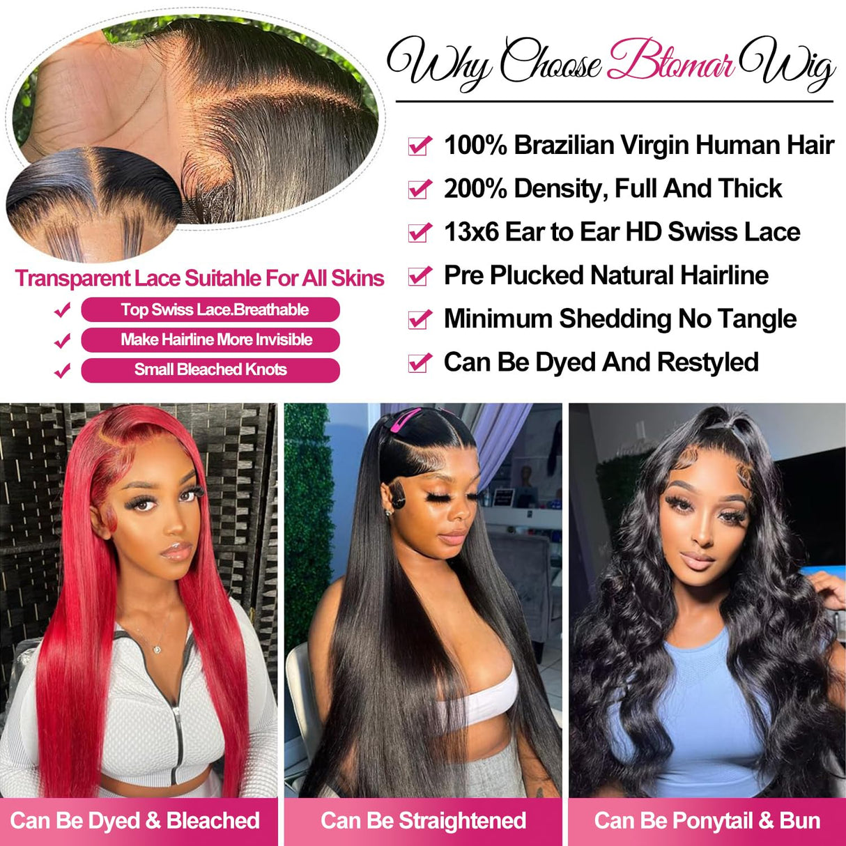 Btomar 28 Inch 13x6 Lace Front Wigs Human Hair Pre Plucked Straight HD Transparent Lace Front Wigs Human Hair 200 Density 13x6 Straight Lace Frontal Wigs Human Hair Wigs for Women (28 Inch)