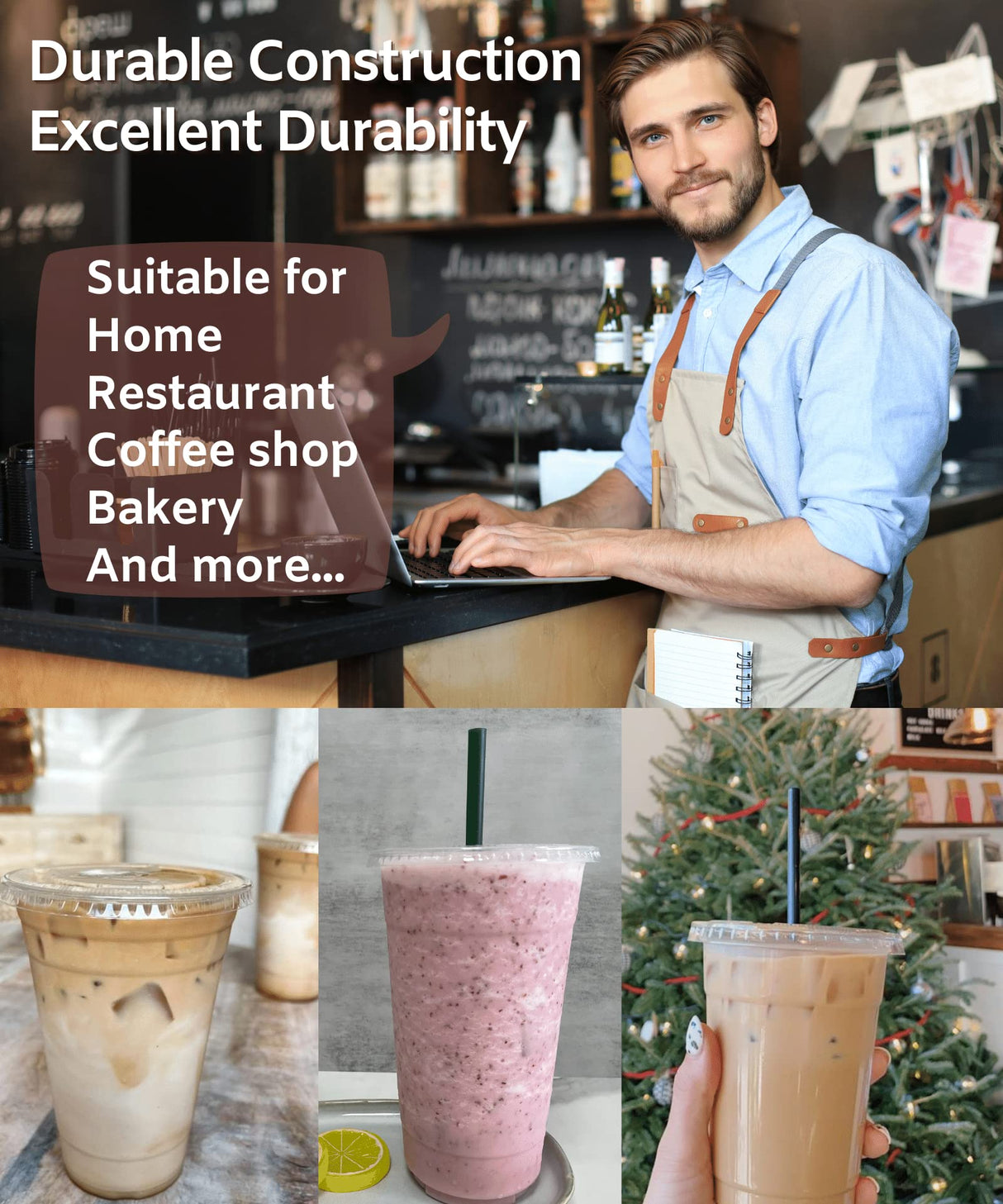 32 oz Clear Plastic Cups with Lids and STRAWS, Disposable Drinking Cups for Cold Drinks, Iced Coffee, Milkshakes, Smoothies, 25 Sets