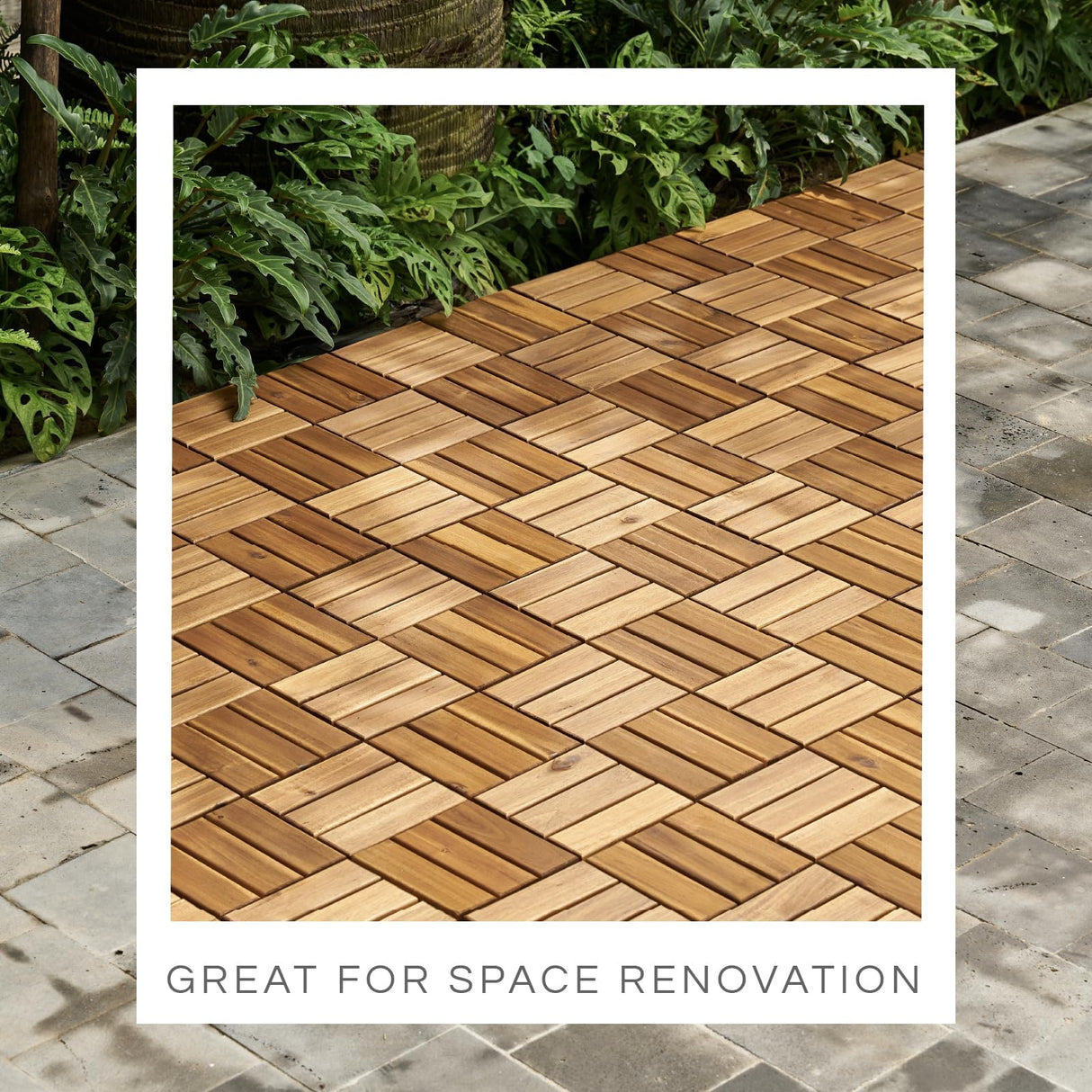 THYOI Premium Deck Tiles, Patio Flooring - Set 10 Pcs 12”x12”x0.9” Interlocking Deck Tiles, Waterproof Acacia Wood for Balcony, Backyard, Indoor & Outdoor (Golden Teak, Crossed Pattern, Square Joints)