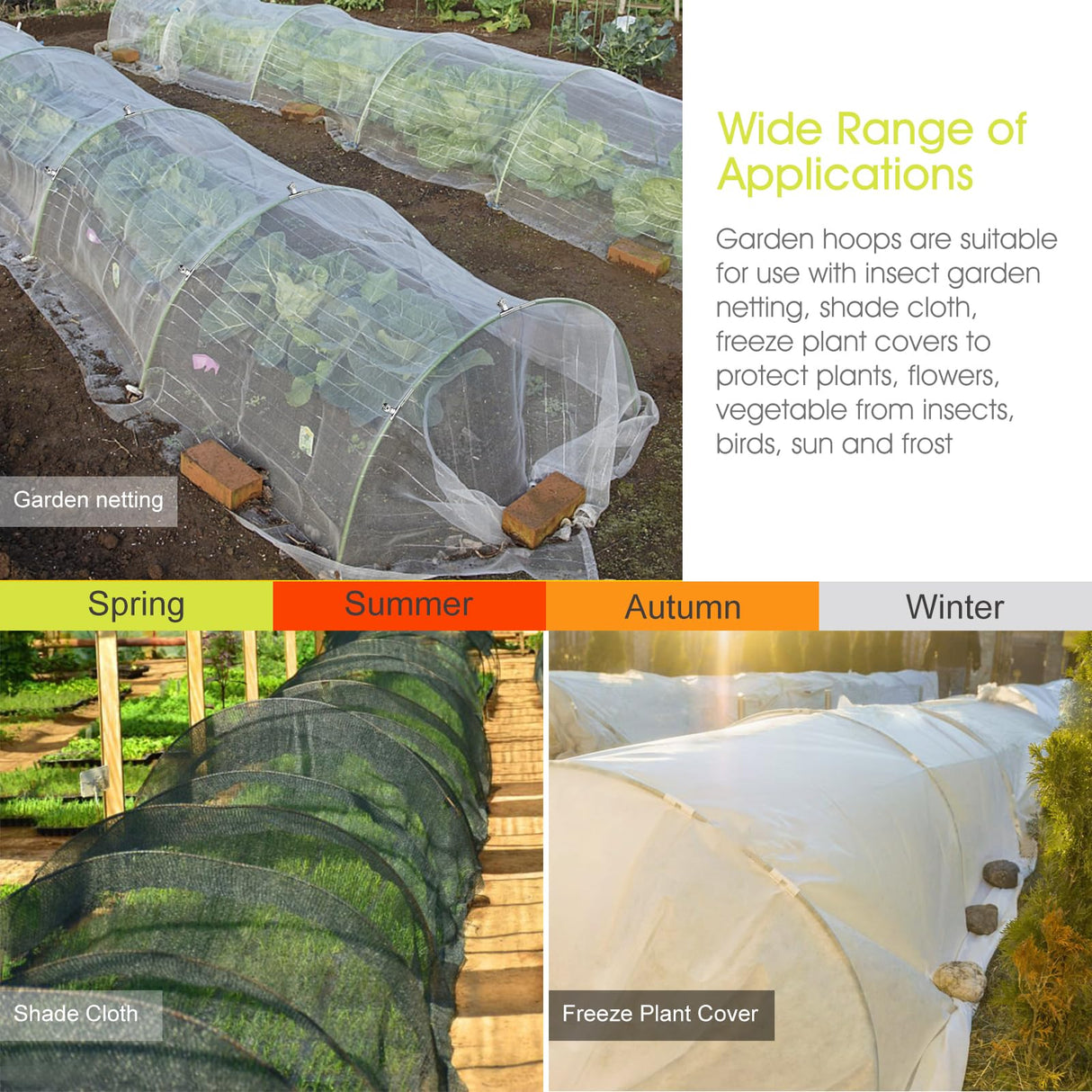 RIFNY 18 PCS Garden Hoops for Raised Beds, Greenhouse Hoops Kit Long Grow Tunnel for Row Cover, Rust-Free Fiberglass Garden Support Poles for Insect Mesh Netting Freeze Plant Cover (Green)
