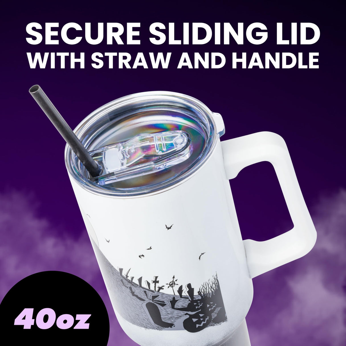 Silver Buffalo Disney Nightmare Before Christmas by Tim Burton Jack Skellington Hill and Moon Stainless Steel Tumbler with Handle and Straw, Fits in Standard Cup Holder, 40 Ounces