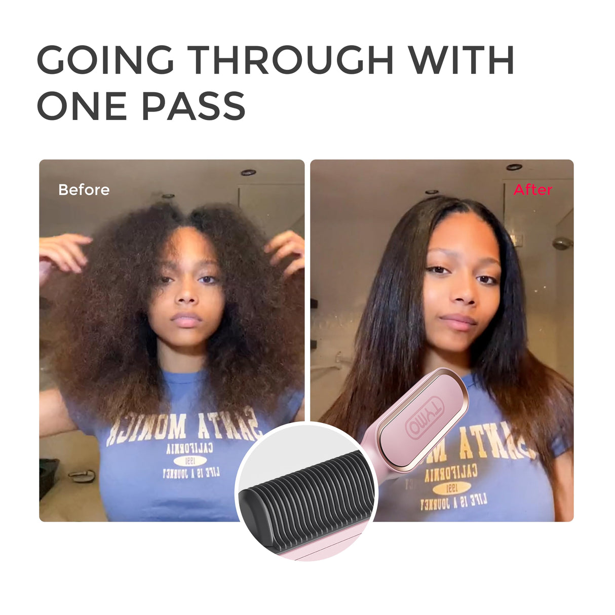 Hair Straightener Brush, TYMO Ring Hair Straightener Comb Straightening Brush for Women with 5 Temps 20s Fast Heating & Dual Voltage, Pink