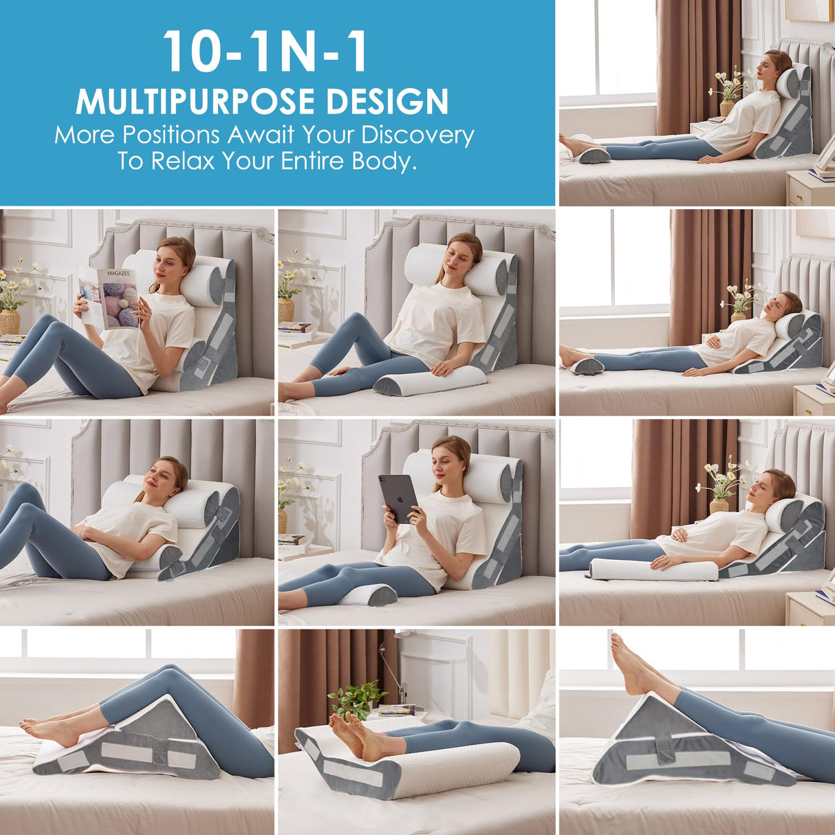 MEGCXIT 4PCS Bed Wedge Pillow for Headboard, 10-in-1 Adjustable Foam Wedge Pillow for Acid Reflux Relief, 23” Wide Triangle Pillow Wedge for Post Surgery, Back Pain Relief & Snoring, White/Grey