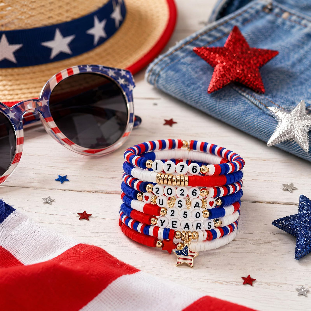 Cmfuegsk 250th USA Patriotic Bracelets Set, 4th of July Bracelets, USA Bracelets, Red White Blue Beaded Stretch Bracelets, Patriotic Jewelry for Women, 250 Anniversary USA Merchandise