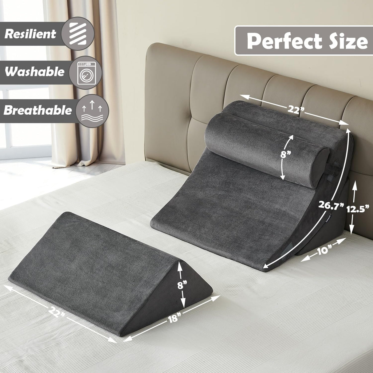 Ganaver 4pcs Orthopedic Bed Wedge Pillow Set Post Surgery Relaxing Back Adjustable Head Support Cushion Triangle Memory Foam Pillow for Acid Reflux Sleeping Reading Leg Elevation Snoring