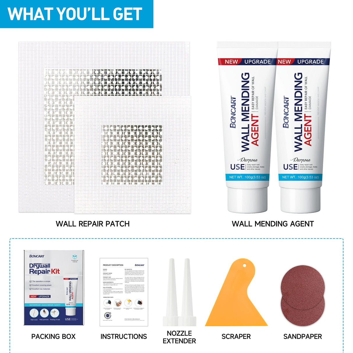 BONCART Spackle Wall Repair Kit, Drywall Repair Patch Kit,Wall Mending Agent Putty,Wall Repair Paste Plaster for Wall Crack/Nail Hole,Wall Repair Patch Kit with Scraper/Sandpaper