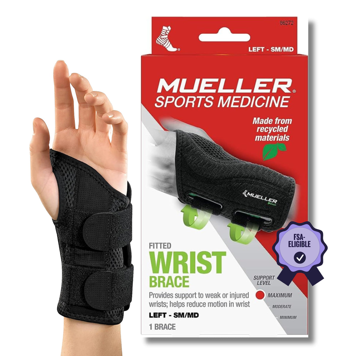 MUELLER Sports Medicine Green Fitted Wrist Brace for Men and Women, Wrist Pain Relief Support, Ideal for Carpal Tunnel, Tendonitis, Arthritis, Left Hand, Black, Small/Medium