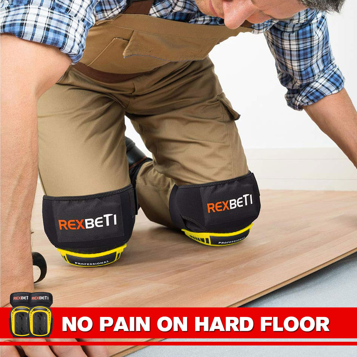 REXBETI Knee Pads for Work, Construction Knee Pads for Men, Heavy Duty Comfortable Anti-slip Foam Gel Knee Pads for Gardening Flooring and Cleaning, Strong Stretchable Straps, Yellow