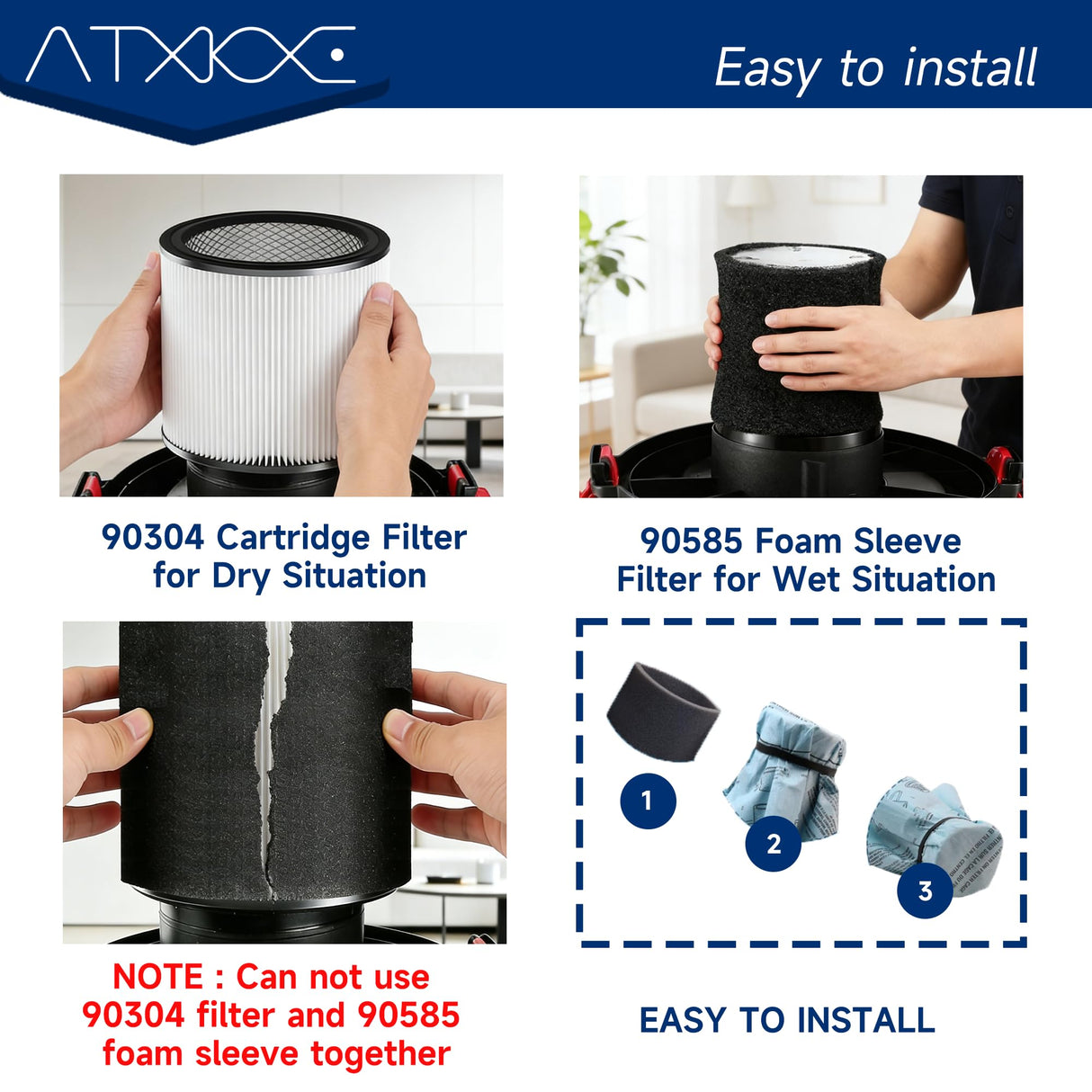 90304 Replacement Filter, 90107 dry filter, 90585 Foam Sleeve Compatible with shopvac filter 90304 90350 90333 90585, Fits Most 5 Gallon and Above Wet Dry Vacuum Cleaner (2+2+4+2+2+1)