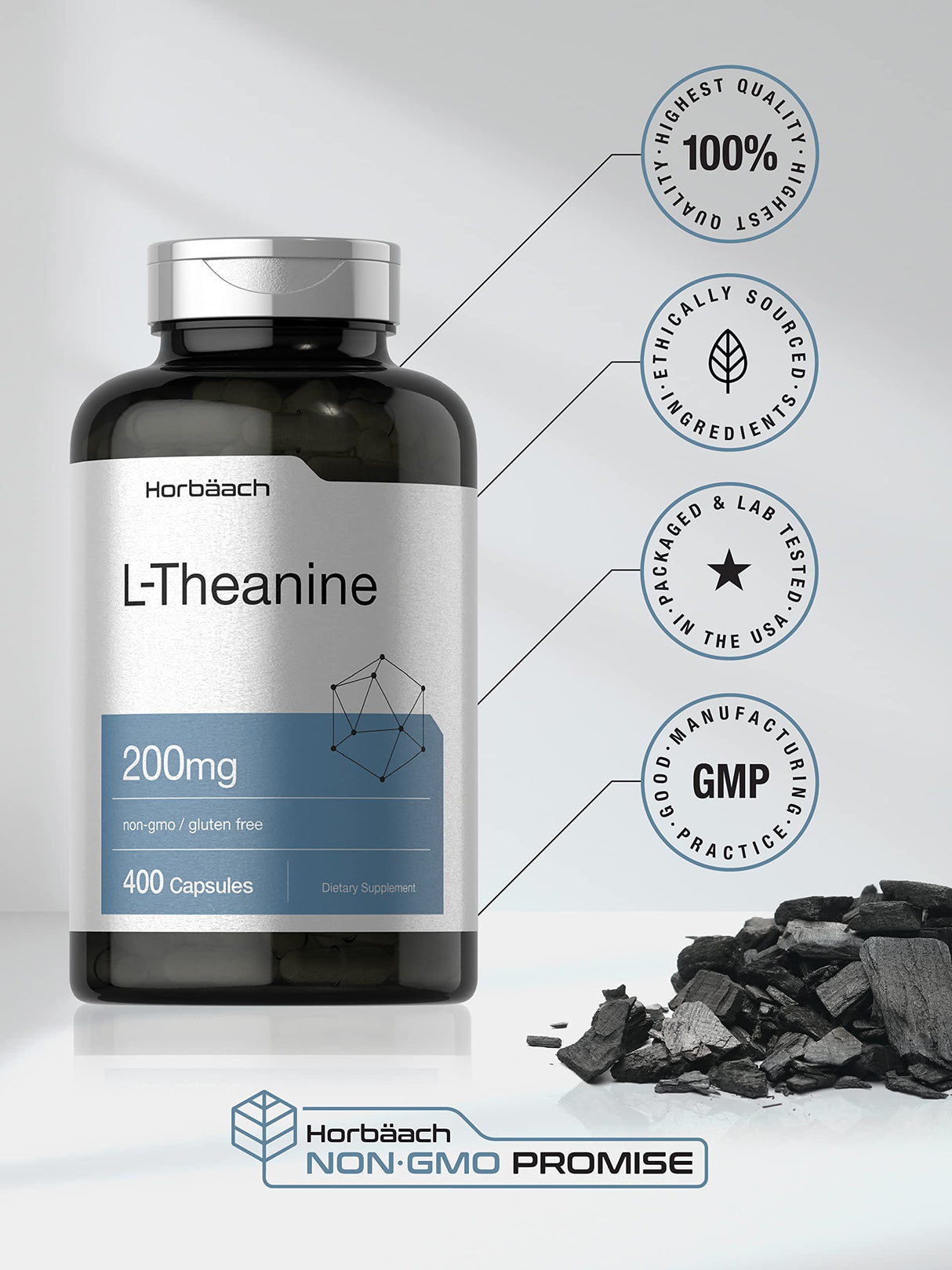 Horbäach L Theanine | 200mg | 400 Capsules | Value Size | Non-GMO, Gluten Free Supplement