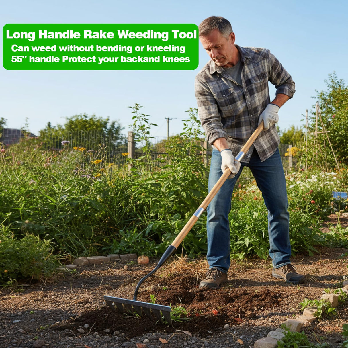 Garden Weeding Rake, Heavy Duty Iron Weeding Rake Gardening Tool with 55 Inch Long Handle, All-Steel Hardened Weed Puller Tool, Manual Garden Weed Rake Tool for Yard, Lawn Loosening Planting Weeding