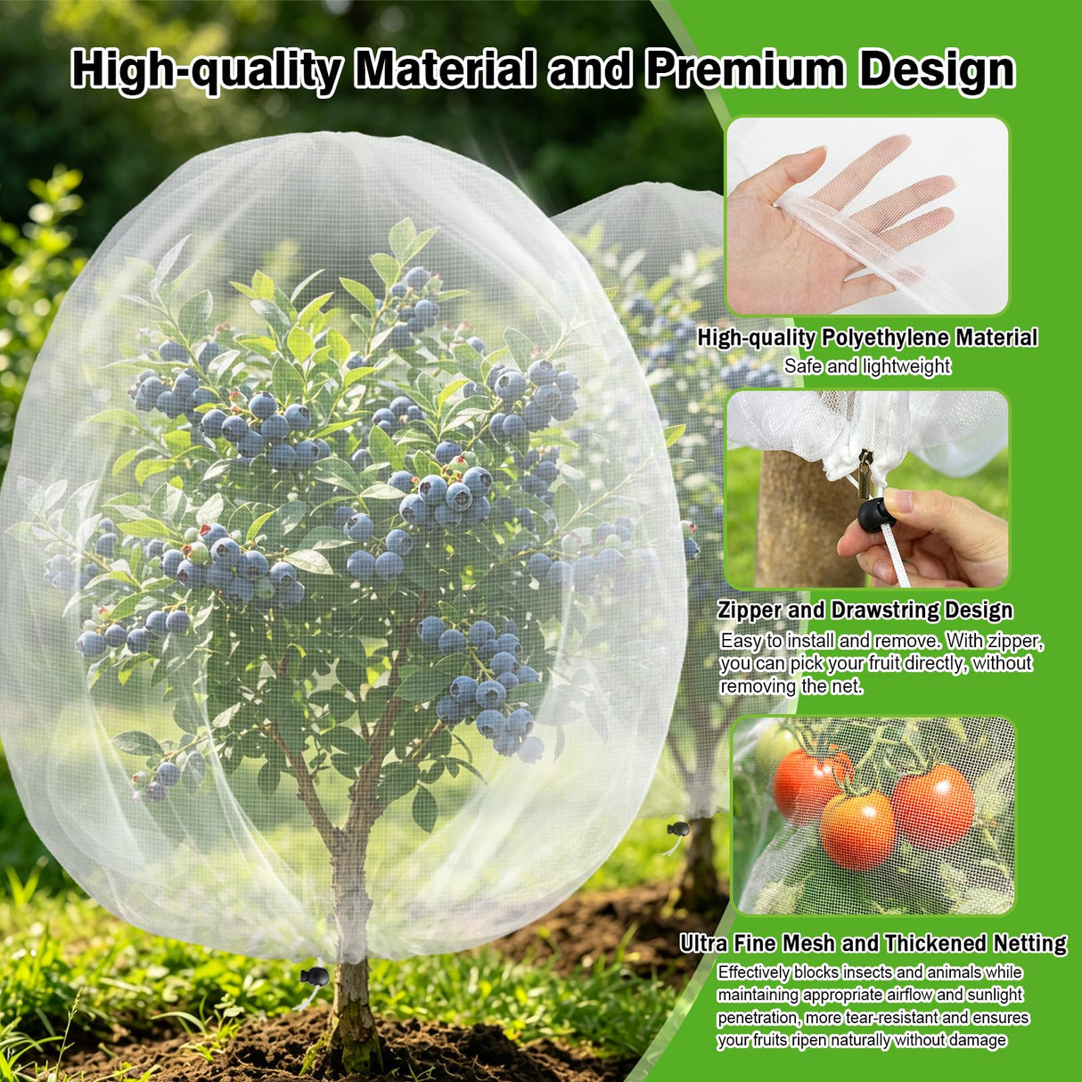 4PCS 4Ft × 5Ft Fruit Tree Netting with Zipper and Drawstring, 60 Mesh Thickened Garden Bird Netting for Blueberry Bushes, Fruits, Vegetables, Insect Bird Barrier Mesh Protective Cover